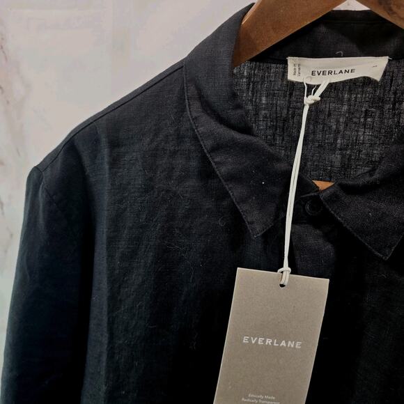 Everlane Shirt Mens Medium Black Linen Polo Short Sleeve Button Collared - Picture 2 of 11